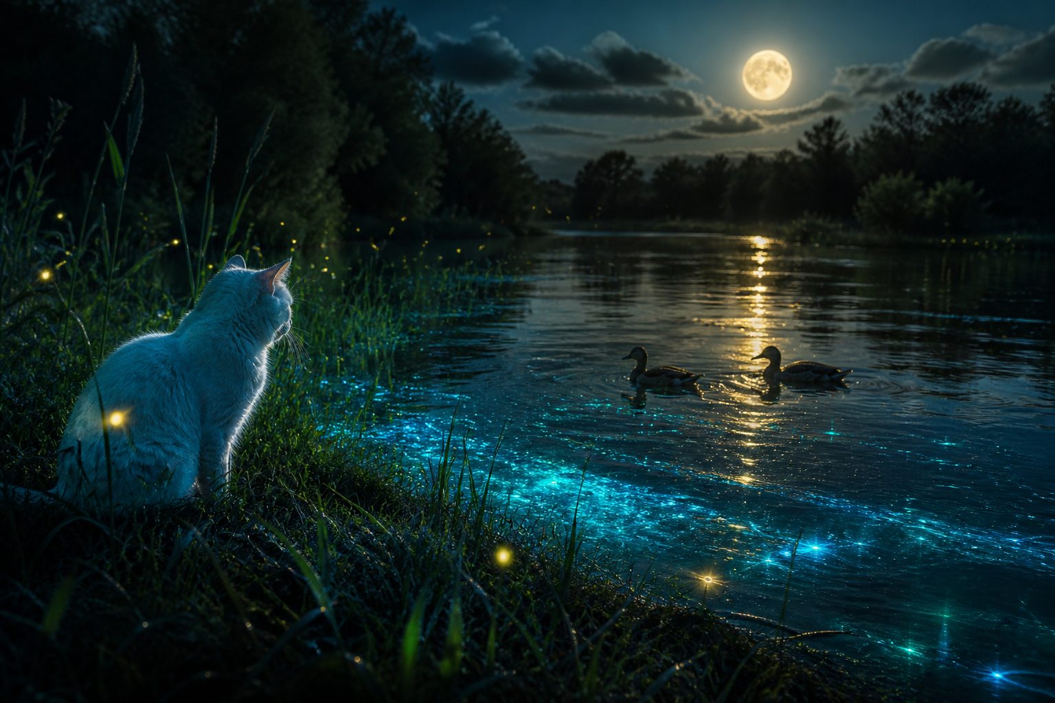 A white cat sits at the water's edge at night, watching two ducks glide across softly glowing ripples.