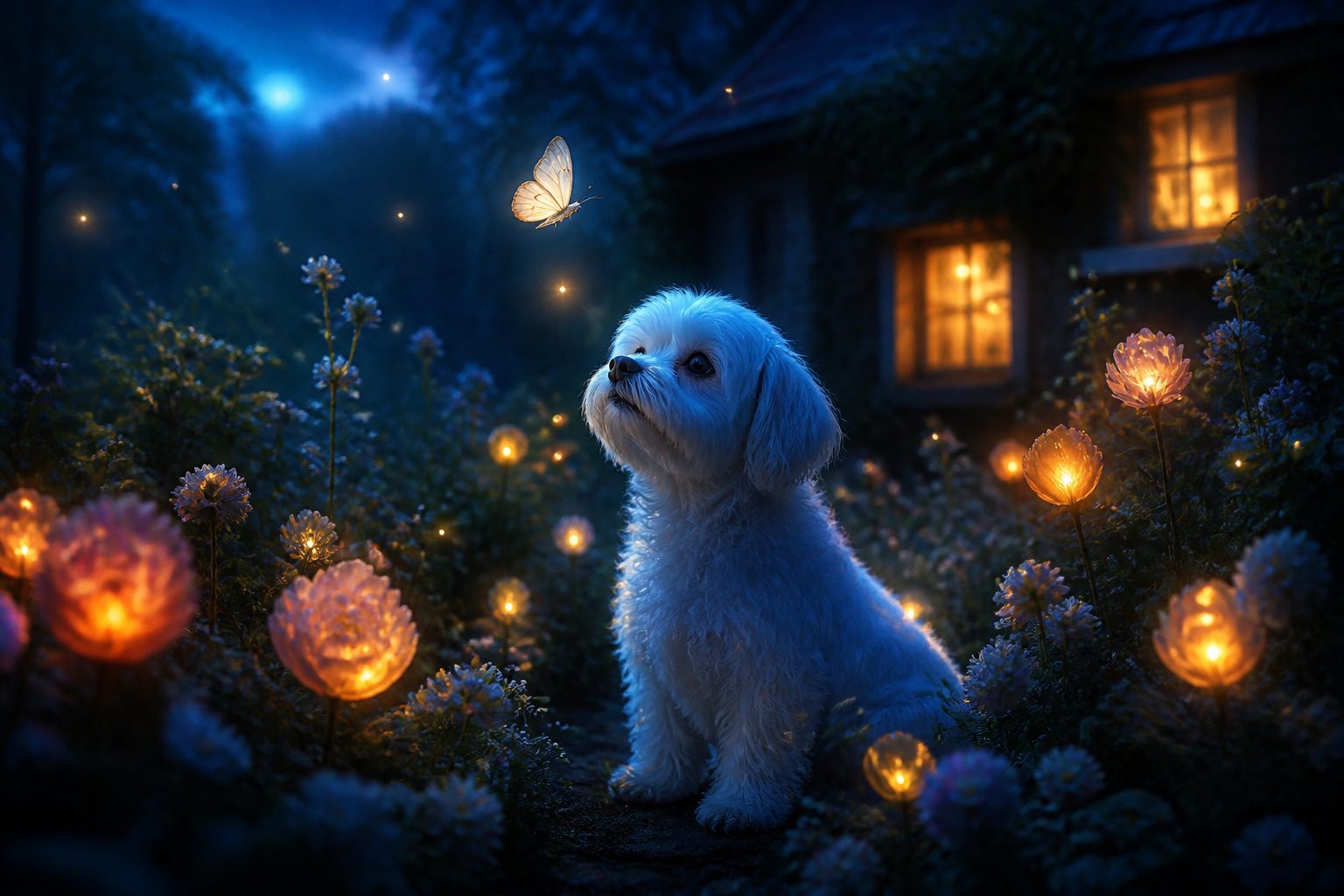 A small white dog looks up at a luminous butterfly in a twilight garden of softly glowing flowers.