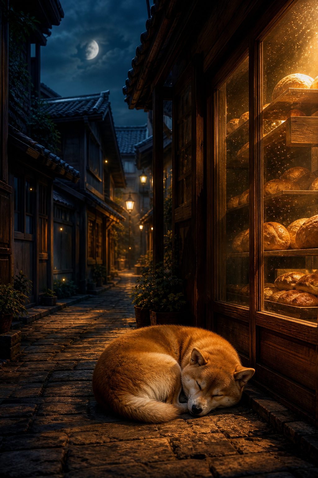 A shiba inu sleeps curled on cobblestones beside a glowing bakery in a moonlit alley.